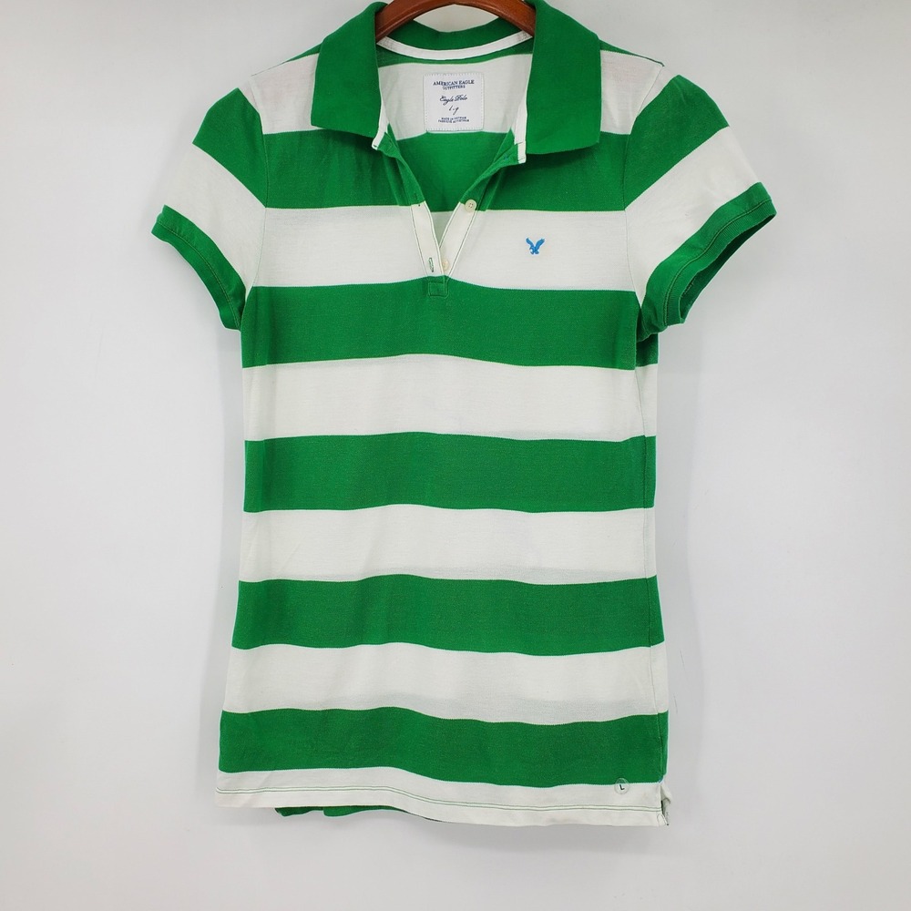 American Eagle Green White Striped Eagle Polo Shirt Large Y2K Preppy Grunge